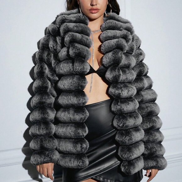 Grey Women's Open Front Fuzzy Coat - Picture 7 of 7